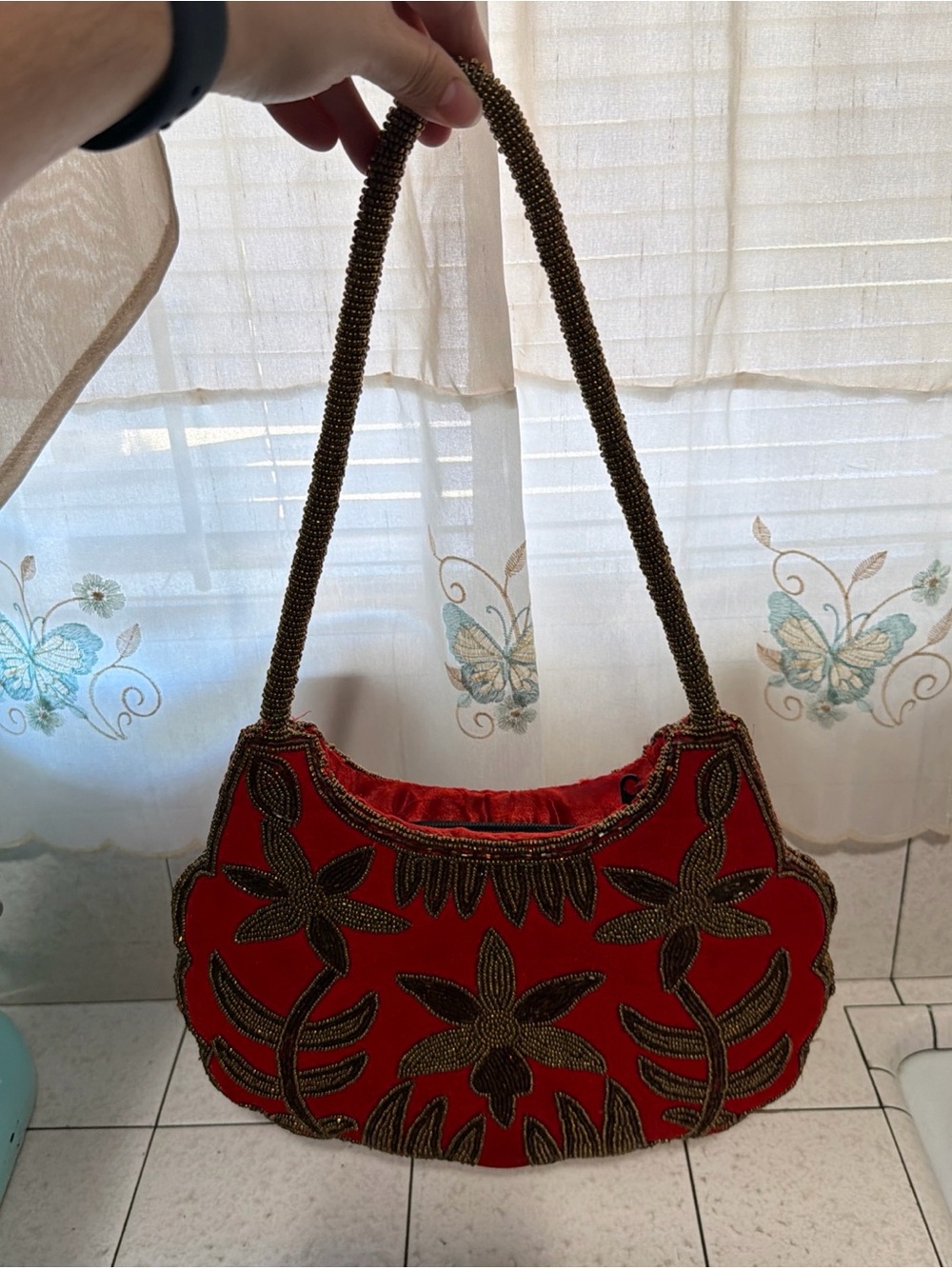 Red Beaded Crescent Shoulder Bag Statement Evening Purse Floral Gold Beads